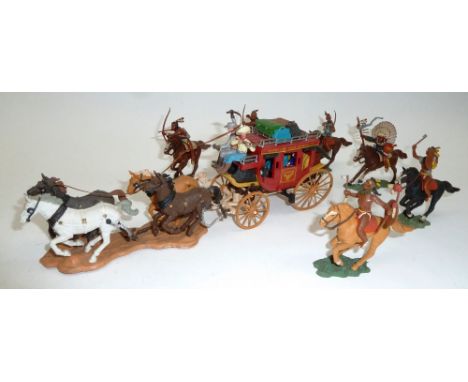 Britains Plastic Concorde Stage Coach with Cowboys and Indians: complete Herald first series (VG, one bow broken) and Swoppet