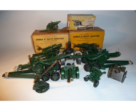 Britains Artillery three 18inch Howitzers on tractor wheels, two 155mm Guns and five other guns, with three original boxes (G