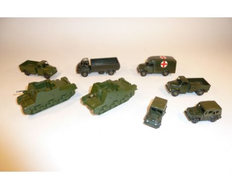 * Britains Lilliput 00 scale Army Vehicles, LV 609 (two), LV612, LV618 and LV620, dark green finish, and RARE LV11 (two) and 