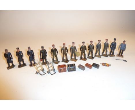 * Britains Railwaymen from set 158 Stationmaster, Ticket collector, Guard with flag, Guard with lamp, Porter with trolley (tw