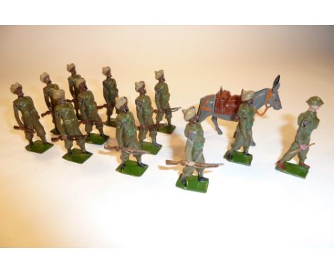 Britains set 1893, Indian Army Service Corps officer (hands retouched), mule and handler, four men at the trail in original y