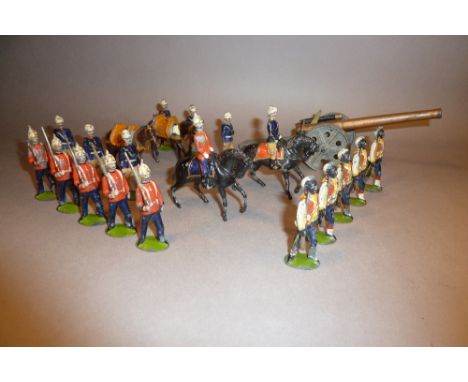Britains early figures Set 36, Sussex Regiment with mounted officer, FIRST VERSION, ‘Germanic’ fixed arm marching figure, wit