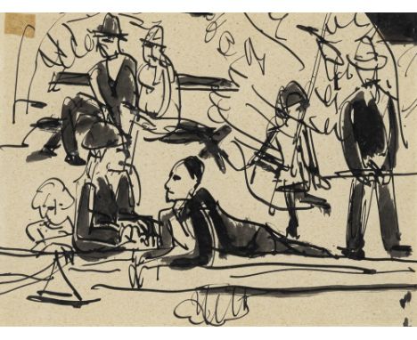 Kirchner, Ernst LudwigAschaffenburg, 1880 - Frauenkirch, 193816 x 20,7 cm, R.Menschen im Park, um 1926. Tuschfeder und Tuschp