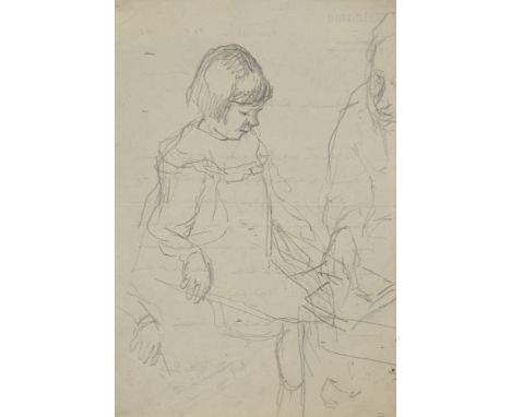 Liebermann, MaxBerlin, 1847 - 193521,5 x 14 cm, R.Mädchen mit Bilderfibel, um 1923. Bleistift auf dem Papier einer Rückseite 