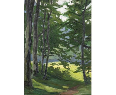 Dill, OttoNeustadt 1884 - Bad Dürkheim 195749 x 34 cm, R.Waldinneres. Öl auf Karton. In Bleistift rückseitig signiert.Privats