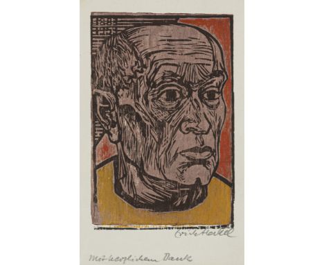 Heckel, ErichDöbeln, 1883 - Hemmenhofen, 1970Blattgröße: 25 x 15,5 cm; 19,4 x 13 cm,R."Kopf", 1953. Farbholzschnitt auf Bütte