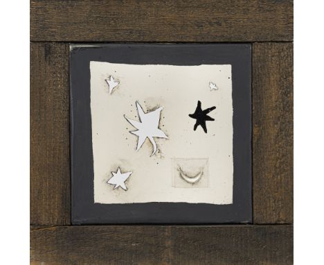 Paeffgen, Claus OttoKöln, 1933 - 201923 x 23 x 3,5 cm, R.Mond und Sterne, 1972. Mischtechnik: Öl, Collage und Scherenschnitt 