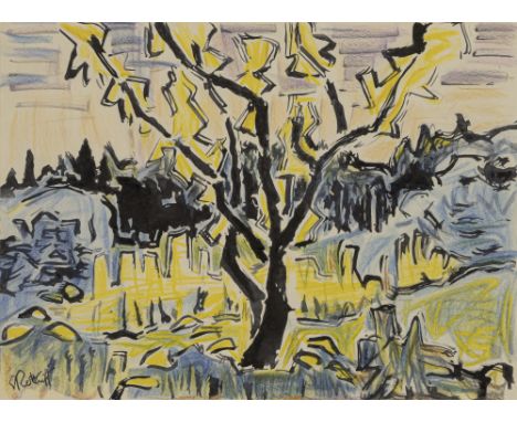 Schmidt-Rottluff, KarlRottluff, 1884 - Berlin, 197625,5 x 35 cm, R.Frühlingslandschaft mit Baum. Tusche und Farbstift auf Pap