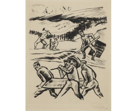 Pechstein, MaxZwickau, 1881 - Berlin, 195539 x 31 cm, R."Somme 1916 VII (Soldaten beim Schanzen)", 1916. Radierung auf Kupfer