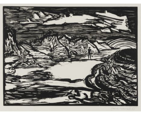 Heckel, ErichDöbeln, 1883 - Hemmenhofen, 197029,5 x 40,1 cm, R."Nordseeküste (Nordseestrand)", 1955. Holzschnitt auf Bütten. 
