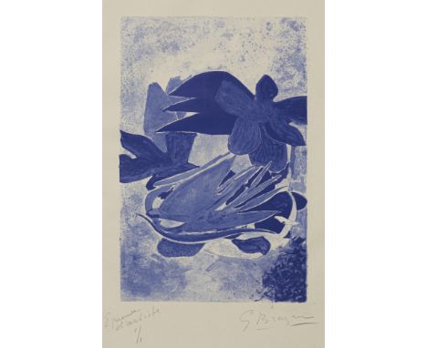 Braque, GeorgesArgenteuil, 1881 - Paris, 1963Blattgröße: 32,5 x 44 cm, R.Ohne Titel, 1955. Lithografie in Blau auf einem Boge