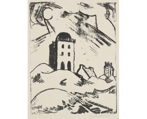 Heckel, ErichDöbeln, 1883 - Hemmenhofen, 1970Blattgröße: 35 x 27,5 cm; 27,2 x 21,2 cm, R."Häuser in den Dünen", 1916. Lithogr