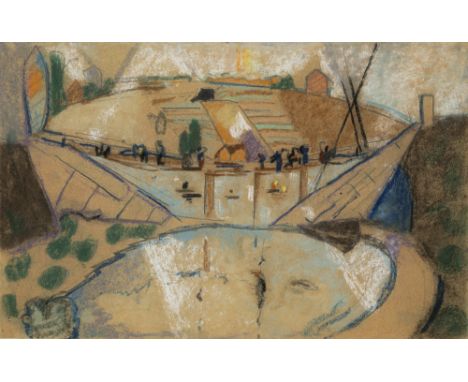 Kerkovius, IdaRiga, 1879 - Stuttgart, 197028,5 x 44,5 cm, R."Zerstörte Brücke". Pastell auf beigefarbenem Papier. In rotem St