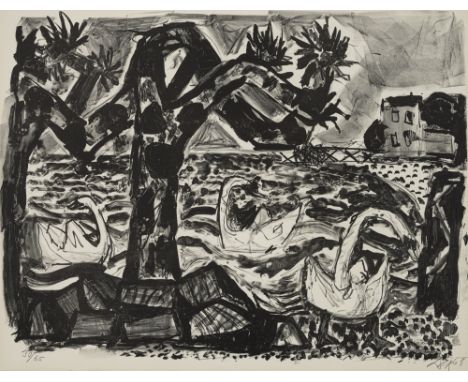 Dix, OttoGera, 1891 - Singen, 1969Blattgröße: 50 x 65,5 cm, R."Bodenseelandschaft (mit Schwänen)", 1965/1966. Lithografie auf