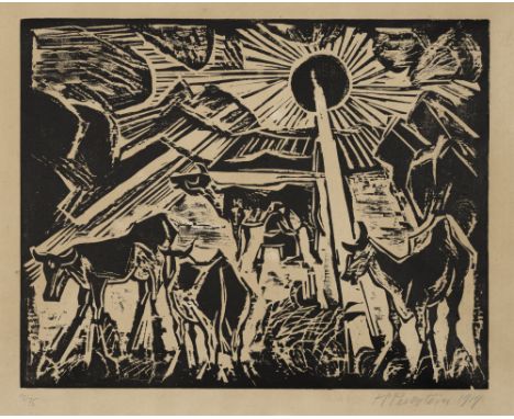 Pechstein, MaxZwickau, 1881 - Berlin, 1955Blattgröße: 46,5 x 56,5 cm, o. R."Der Abend", 1919. Holzschnitt auf Bütten aus der 