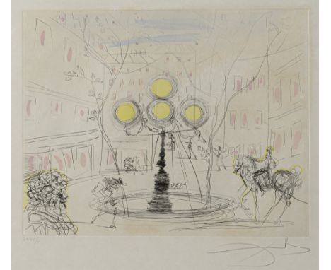 Dalí, SalvadorFigueras, 1904 - Cadaques, 198931,5 x 40 cm, R."Place Furstenberg", 1970/1971. Kolorierte Radierung auf Japanpa