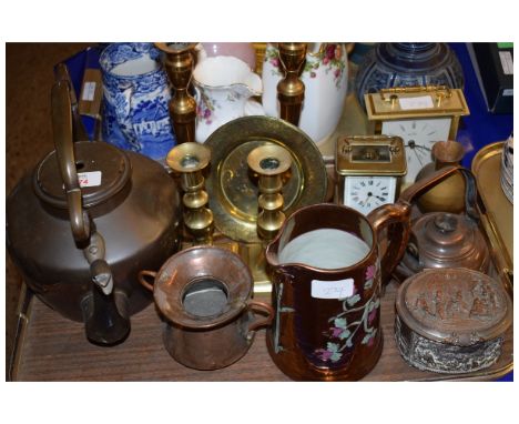 BRASS CARRIAGE CLOCK, COPPER KETTLE, BRASS CANDLESTICKS ETC 