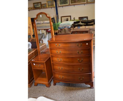 REPRODUCTION YEW WOOD THREE PIECE BEDROOM SET COMPRISING A FIVE DRAWER BOW FRONTED CHEST, A BEDSIDE CUPBOARD WITH SINGLE DRAW