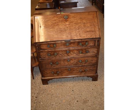 GEORGE III PERIOD MAHOGANY BUREAU, FALL FRONT WITH FITTED INTERIOR OVER FOUR DRAWERS ON BRACKET FEET, 84CM WIDE 