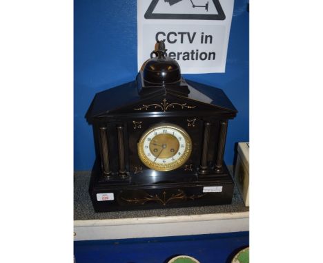 BLACK SLATE MANTEL CLOCK WITH COLUMNS AND ENAMELLED CHAPTER RING 