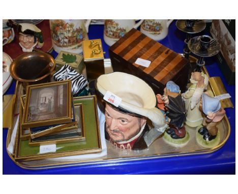 ROYAL DOULTON TOBY JUG OF HENRY VIII TOGETHER WITH GOEBEL FIGURE AND INLAID TEA CADDY, ASSORTED PRINTS ETC 