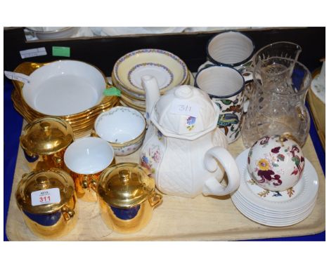 TRAY CONTAINING ROYAL WORCESTER GILT TWO HANDLED DISHES, T GOODE &amp; CO SPODE PLATES ETC 