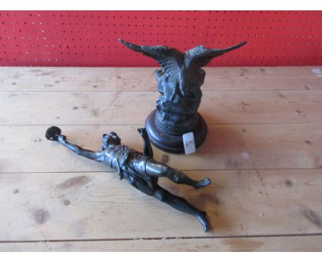 BRONZE FIGURE OF MYTHICAL CHARACTER RIDING AN EAGLE, HOLDING ALOFT A TORCH (A/F), HEIGHT WHEN REASSEMBLED APPROX 42CM