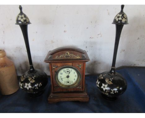 EARLY 20TH CENTURY WOODEN CASED MANTEL CLOCK WITH SUBSIDIARY DIALS AND GILT DECORATION TOGETHER WITH TWO HAND PAINTED WOODEN 