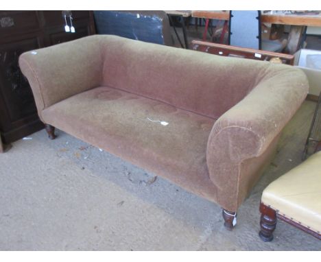 TWO-SEATER CHESTERFIELD TYPE SOFA, LENGTH APPROX 1.86M, RAISED ON TURNED MAHOGANY FEET