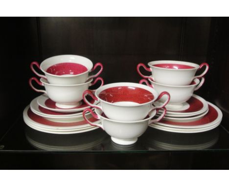 CERAMICS - A vintage set of 6 vintage red & white soup bowls to include 6 soup bowls, 6 saucers & 6 sideplates.