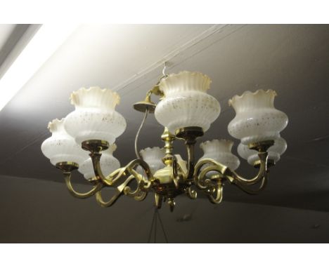 FURNITURE/ HOME - An antique style 8 branch brass chandelier light fitting with 8 glass shades.
