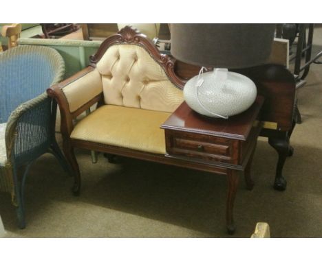 FURNIUTRE/ HOME -A Mahogany telephone hall table on cabriole legs with button back seat & drawer. Measures 94x84x42cm.