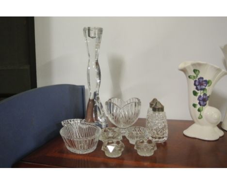 GLASSWARE - A collection of 9 pieces of cut glass/ crystal to include a John Rocha Waterford Crystal candlestick & more.