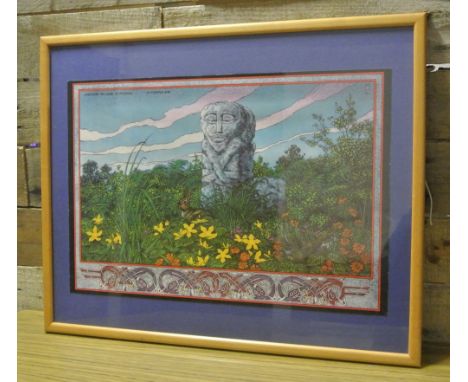 JIM FITZPATRICK - A framed print by Jim Fitzpatrick, titled 'Stone Figure - Boa Island - Co Fermanagh', dated 1986. Measures 