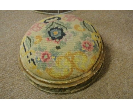 FURNITURE/ VINTAGE - A small tapestry work footstool, on carved wooden base. Requiring some light restoration to feet (1 orig