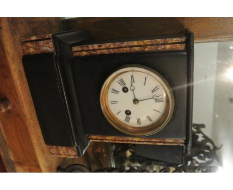 CLOCK - A beautiful antique slate, striking mantel clock with marble detailing to case & a painted enamel dial. 