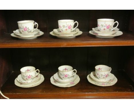 ANTIQUE/ TEACUPS - Collection of 6 matching teacup, saucers & side plate trios by 'Wawel' of Poland.