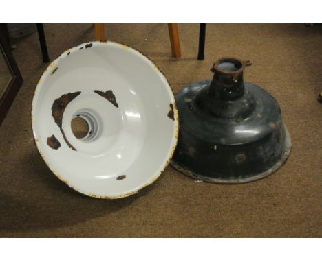 FURNITURE/ INDUSTRIAL - A large pair of green and white enamel factory light shades with age related wear.