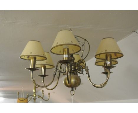 FURNIUTRE/ HOME - An antique style brass chandelier light fitting with 6 branches & shades.