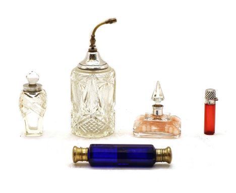 A double ended perfume bottle, with blue glass and gilt mounts, 13cm long, together with a silver mounted perfume bottle, wit