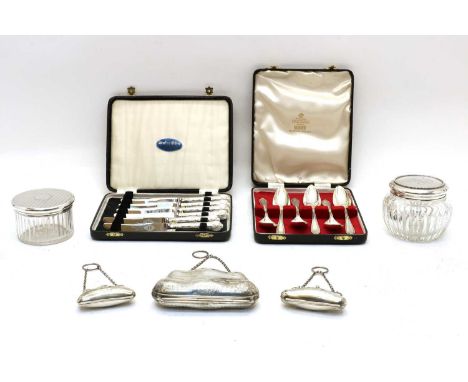 A collection of silver items, comprising a cased set of six grapefruit spoons, Sheffield 1964, Emile Viner, a cased set of si