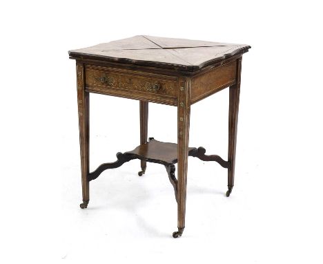 An Edwardian inlaid rosewood envelope card table, the segmented foldover top above frieze drawer, on square tapering supports