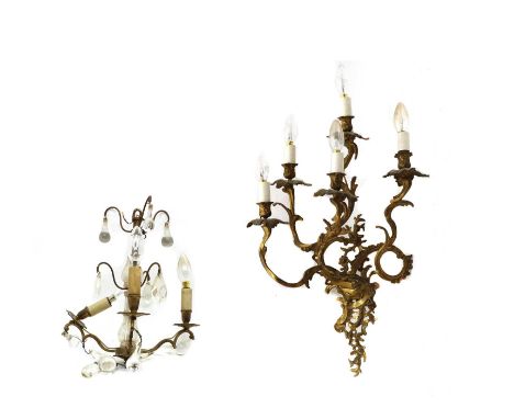 A Chippendale style gilt metal wall light, 20th Century, having six lights on scrolling arms, 78cm high, together with a smal