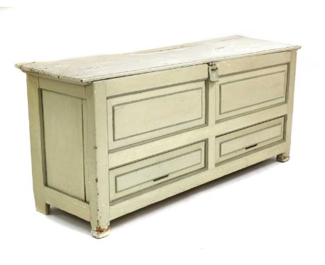 A painted pine trunk, 1950s, with a hinged top, with a panelled front, 149cm wide, 40cm deep, 62cm highCondition report: With