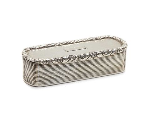 A George IV silver snuff box, of cuboid form with rounded corners, the lid with a cast foliate frieze around an engine turned