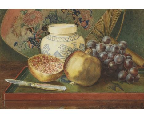 English school c.1878Still life with pomegranate and grapessigned in initials 'MS' and dated '1878' l.r., watercolour26 x 36.