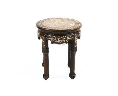 A Chinese hardwood jardiniere stand, late 19th/early 20th century, with all over mother of pearl floral inlaid decoration, th