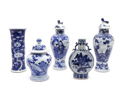 A collection of Chinese blue and white ceramics, 19th-20th century, comprising: a gu vase, of cylindrical form with a flared 