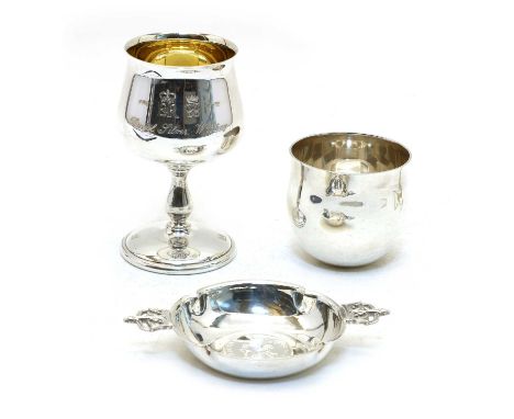 A Royal silver wedding commemorative goblet, Birmingham 1977, maker ATC, 12.5cm, a coronation commemorative twin handled bowl