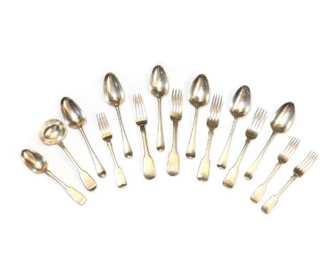 A collection of silver flatware, comprising of six table spoons, four dinner forks, three dessert forks, one dessert spoon an